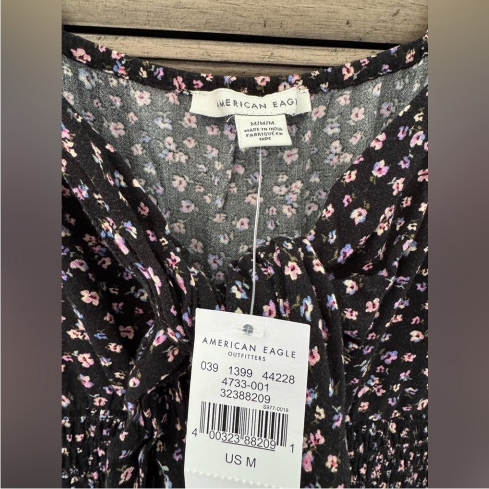 NEW American Eagle Floral Dress NWT Black Smocked Ruffle Hem Tie Front Medium - Picture 12 of 14